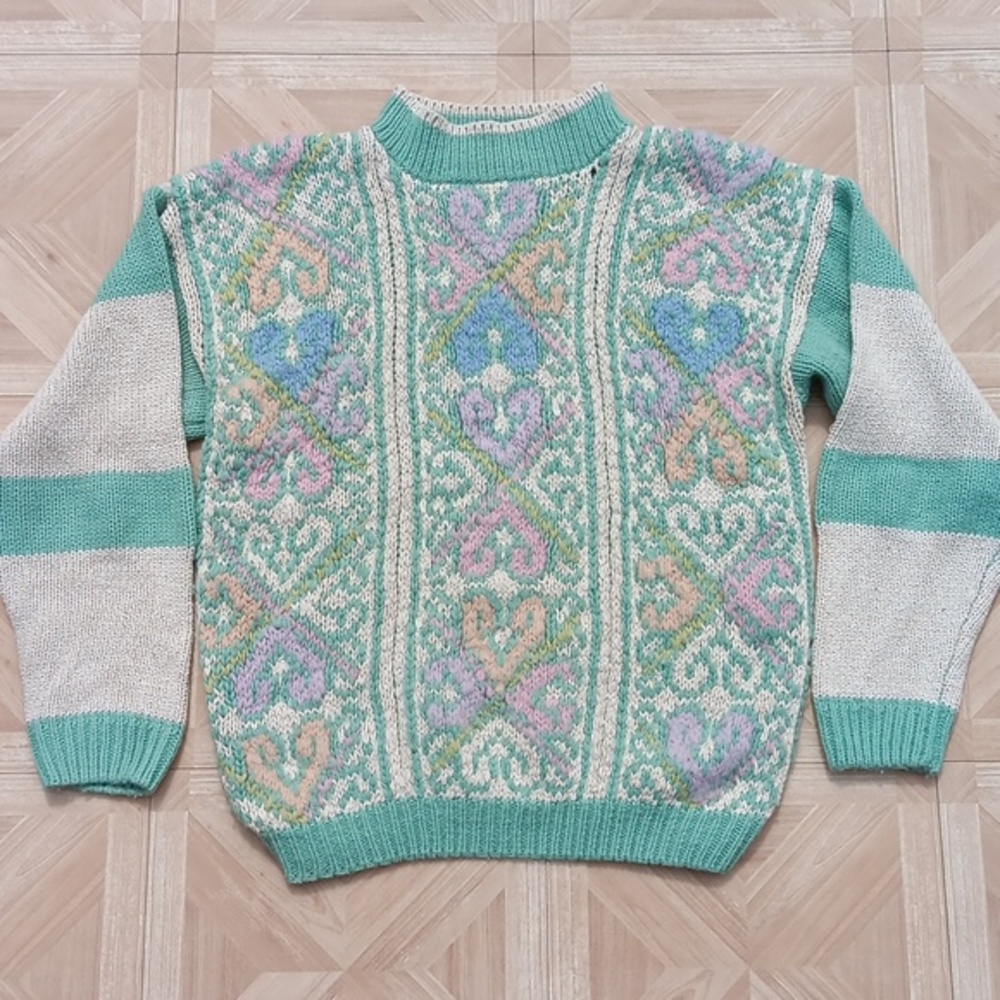 Vintage pastel green Intarsia sweater knit silk blend Ashleigh Morgan size M